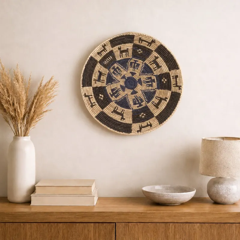 Classic woven wall plate, 33 cm, hanging on a wall in a styled interior