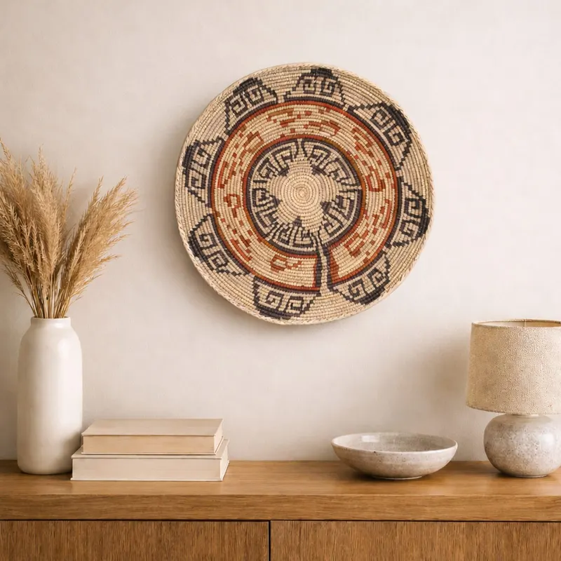 Classic woven wall plate, 34 cm, hanging on a wall in a styled interior