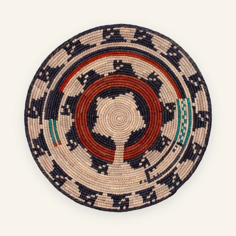 Classic handwoven wall plate, 34 cm, in natural beige, navy, earth red
