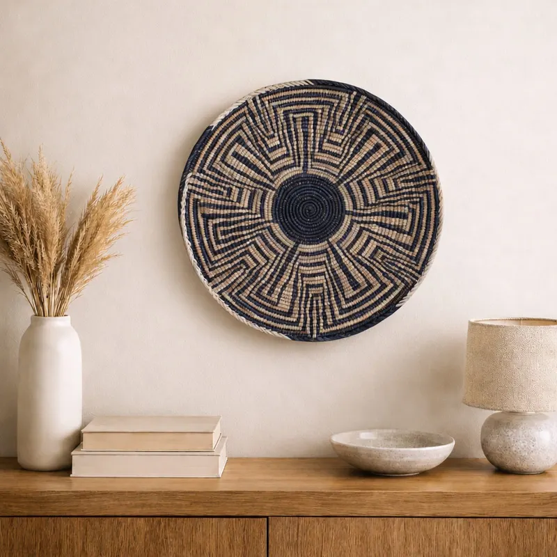 Classic woven wall plate, 35 cm, hanging on a wall in a styled interior