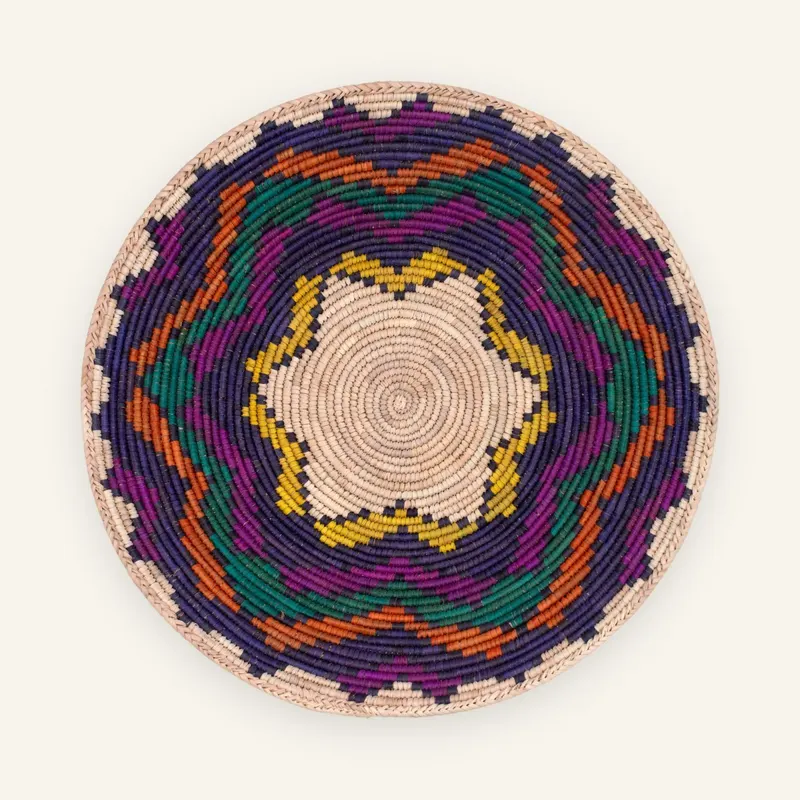 Classic handwoven wall plate, 35 cm, in beige, purple, green