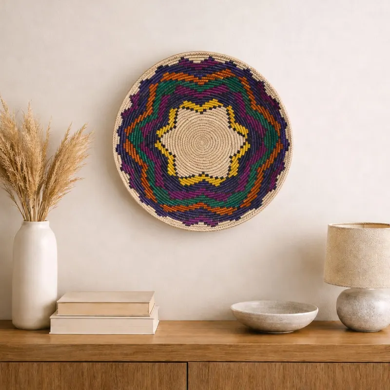 Classic woven wall plate, 35 cm, hanging on a wall in a styled interior