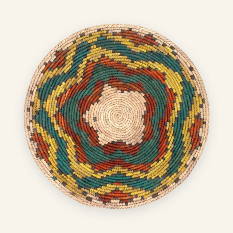 Classic handwoven wall plate, 35 cm, in green, yellow, orange
