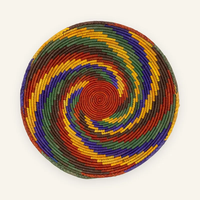 Classic handwoven wall plate, 35 cm, in red, multicolour rings