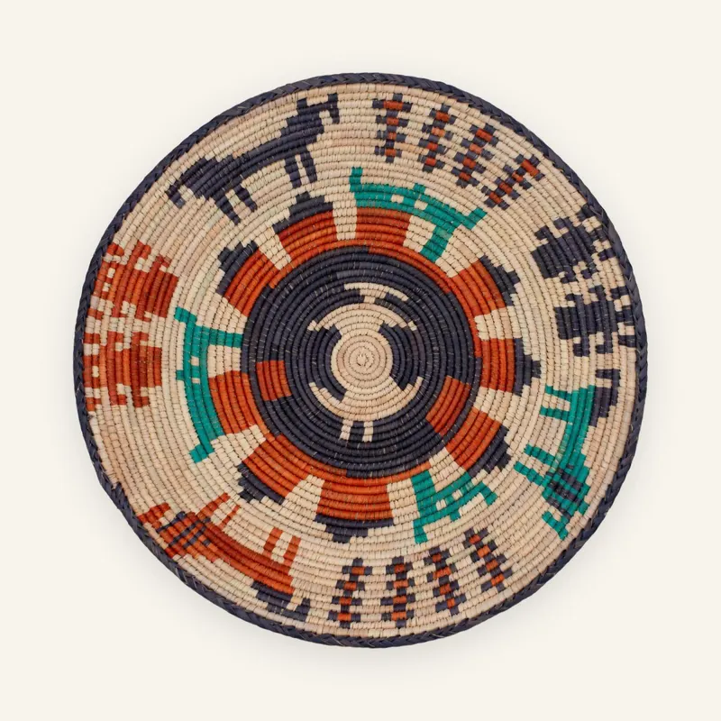 Classic handwoven wall plate, 36 cm, in beige, black, orange