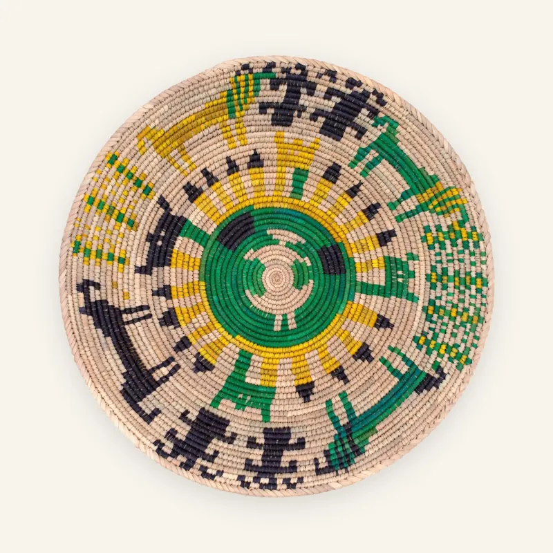 Classic handwoven wall plate, 36 cm, in moss green, yellow, black