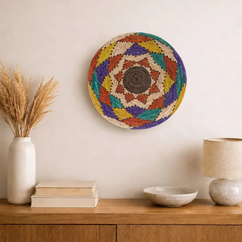 Classic woven wall plate, 36 cm, hanging on a wall in a styled interior