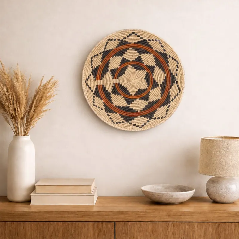 Classic woven wall plate, 36 cm, hanging on a wall in a styled interior