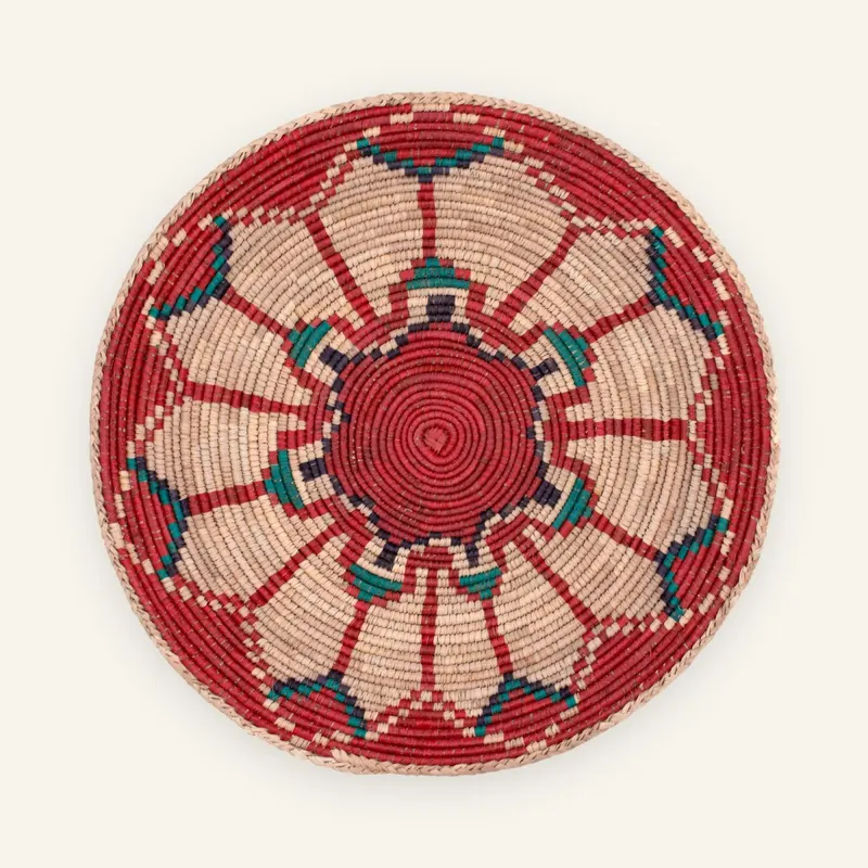 Classic handwoven wall plate, 36 cm, in red, beige, turquoise