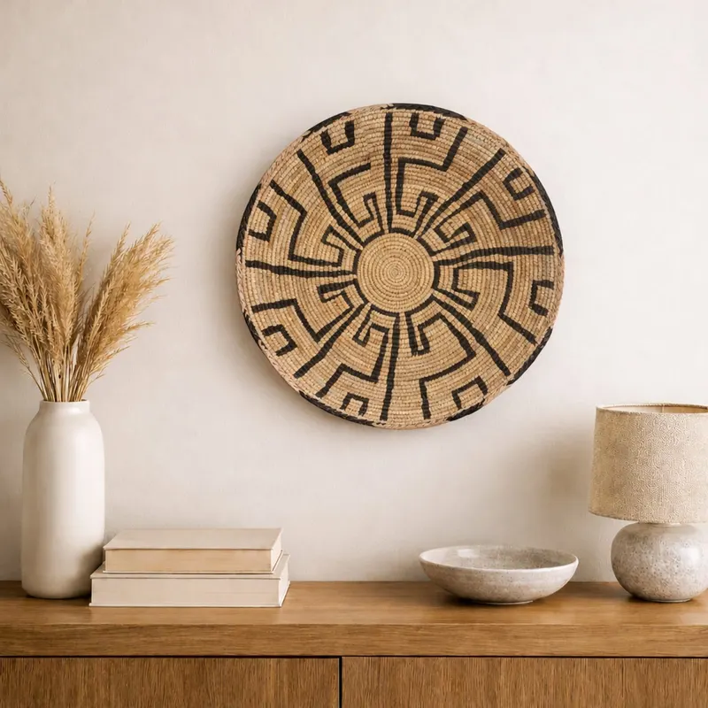 Classic woven wall plate, 37 cm, hanging on a wall in a styled interior