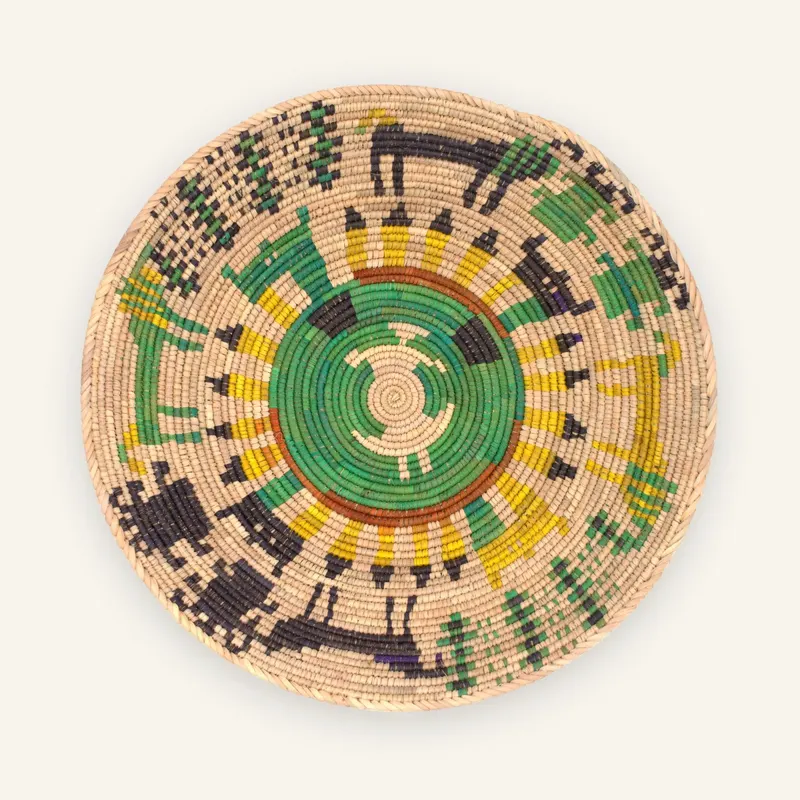 Classic handwoven wall plate, 40 cm, in moss green, warm brown, yellow