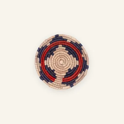 Mini handwoven wall plate, 12 cm, in dark blue, beige, red
