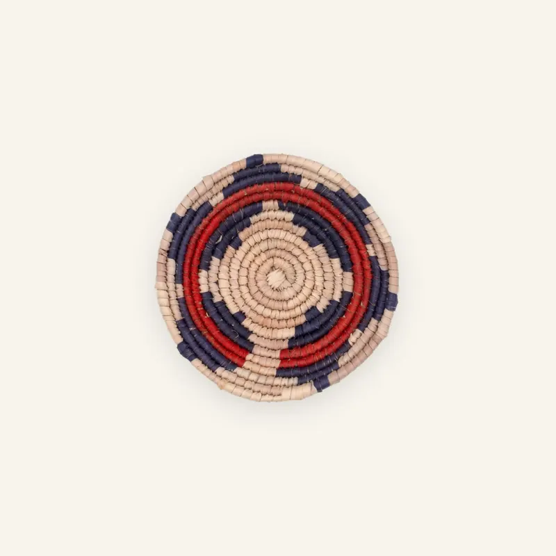 Mini handwoven wall plate, 12 cm, in dark blue, beige, red