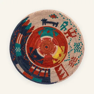 Premium handwoven wall plate, 31 cm, in warm beige, rust red, navy