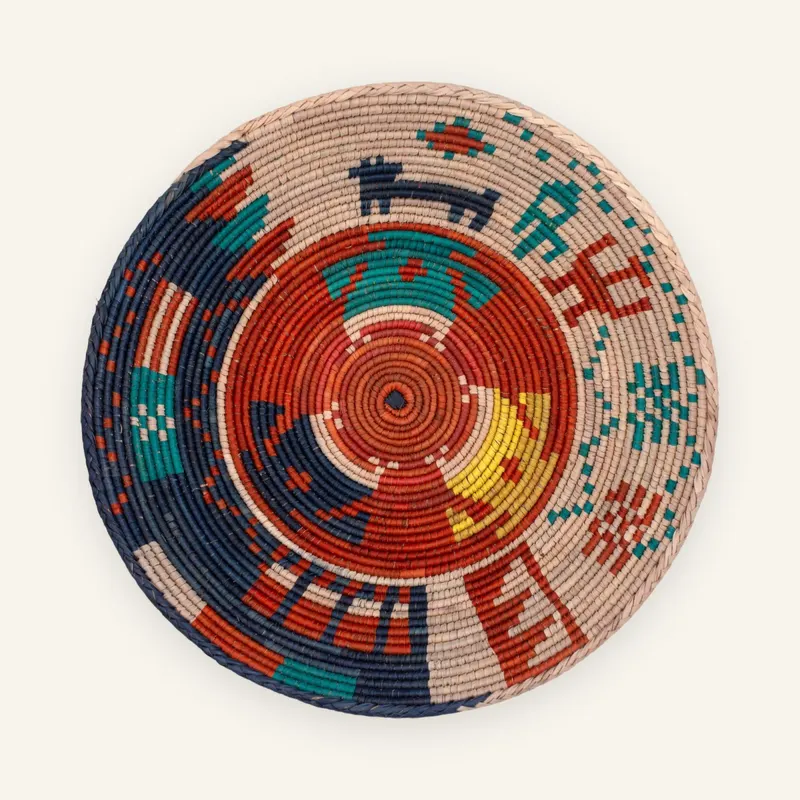 Premium handwoven wall plate, 31 cm, in warm beige, rust red, navy