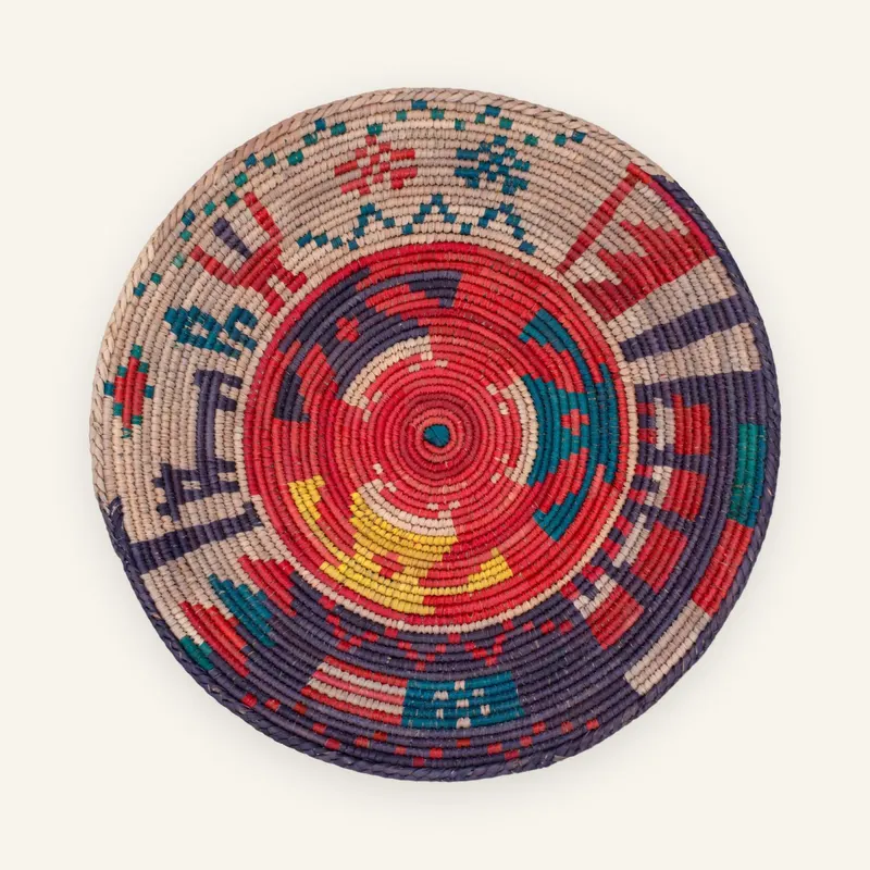 Premium handwoven wall plate, 33 cm, in crimson red, deep purple, turquoise