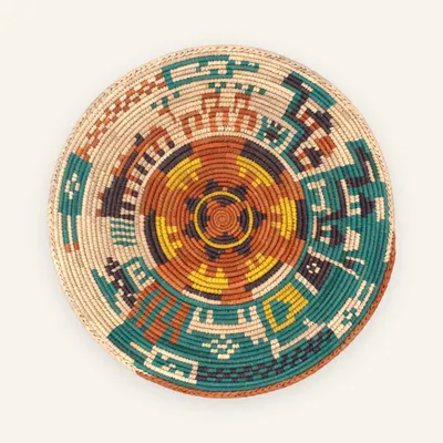 Premium handwoven wall plate, 33 cm, in terracotta, turquoise, yellow