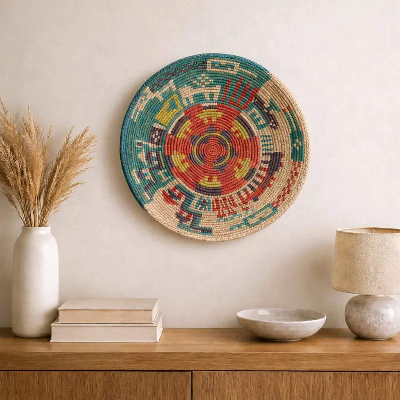Premium woven wall plate, 35 cm, hanging on a wall in a styled interior