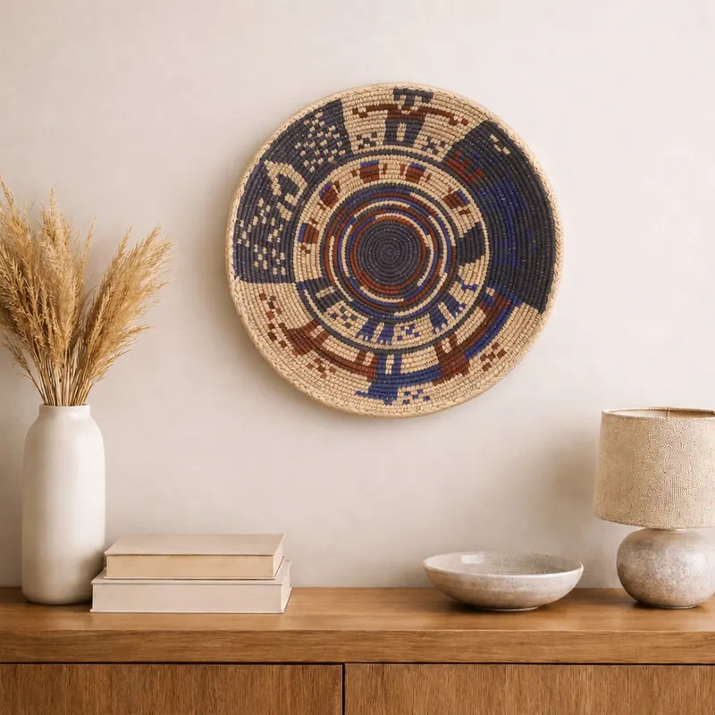 Premium woven wall plate, 36 cm, hanging on a wall in a styled interior