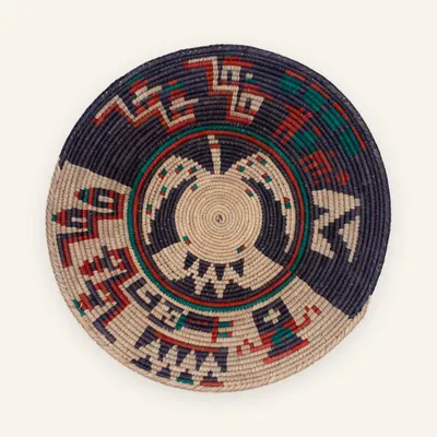 Premium handwoven wall plate, 36 cm, in deep blue, natural beige, red