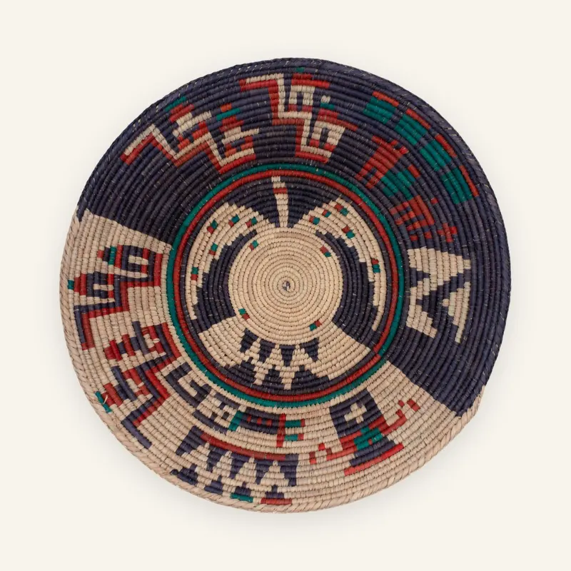 Premium handwoven wall plate, 36 cm, in deep blue, natural beige, red