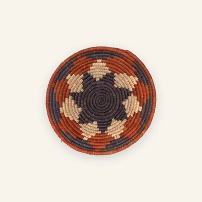 Small handwoven wall plate, 24 cm, in deep purple, beige, rust orange